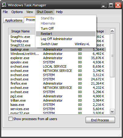 restart pc using task manager windows 10